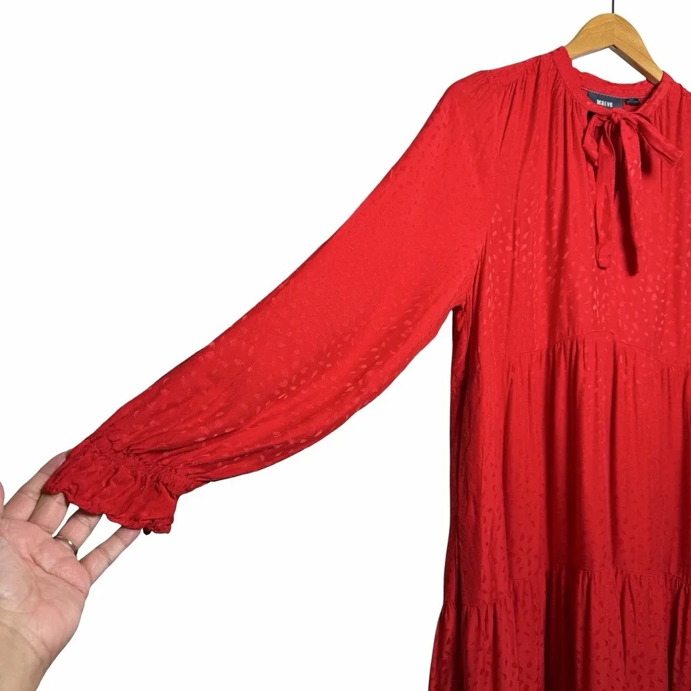 Anthropologie Maeve Wendy Tiered Maxi Dress Red Jacquard Tie Neck‎ Large Cottage